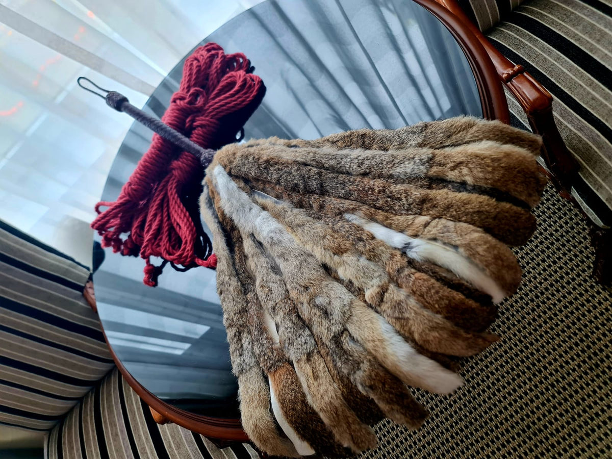Rabbit Fur Flogger with Plaited Kangaroo Handle, handmade in Australia by The Shibari Sir