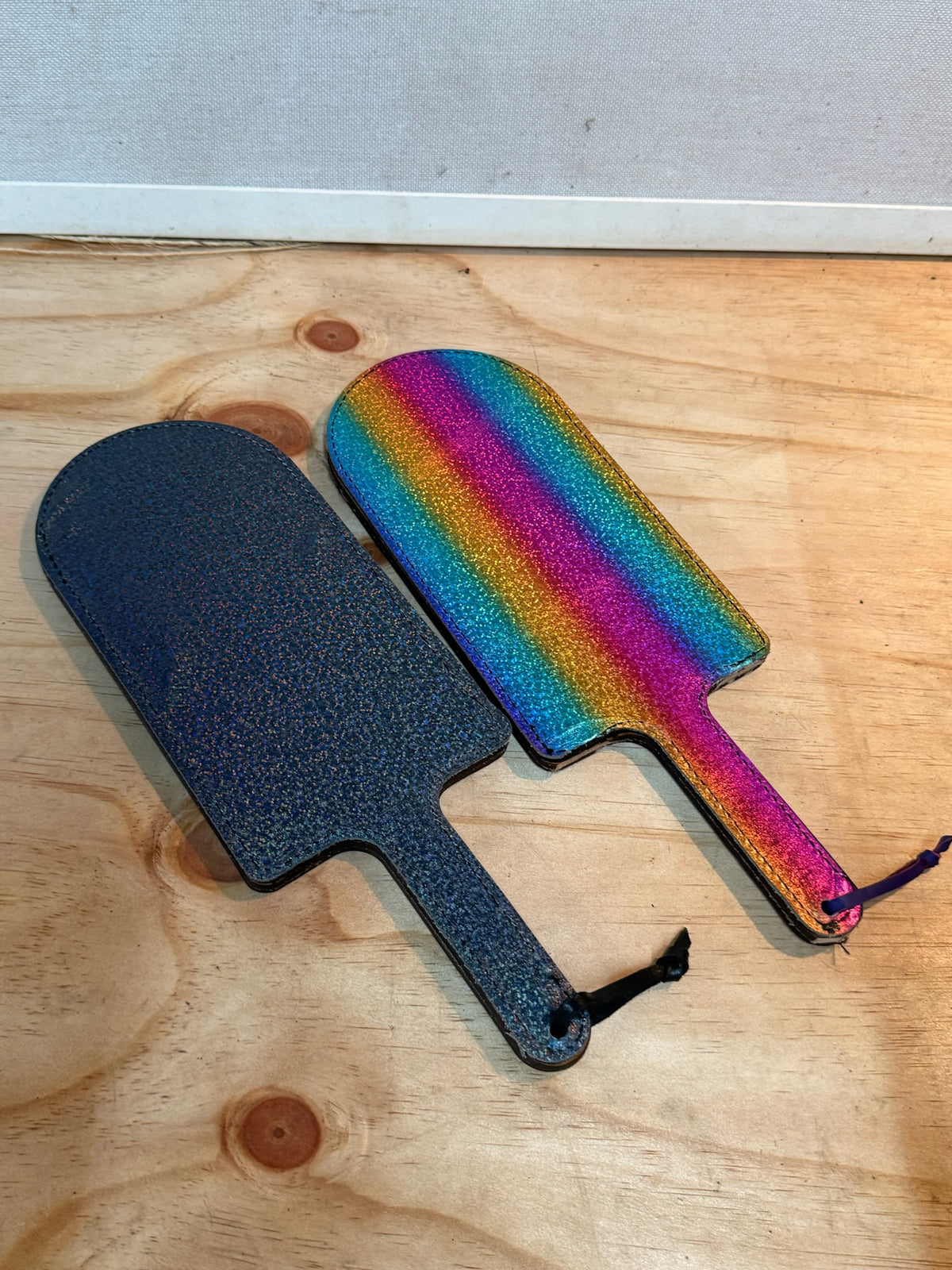 Pink Leather Paddle with Metallic Rainbow Backing, photo 2 of 2