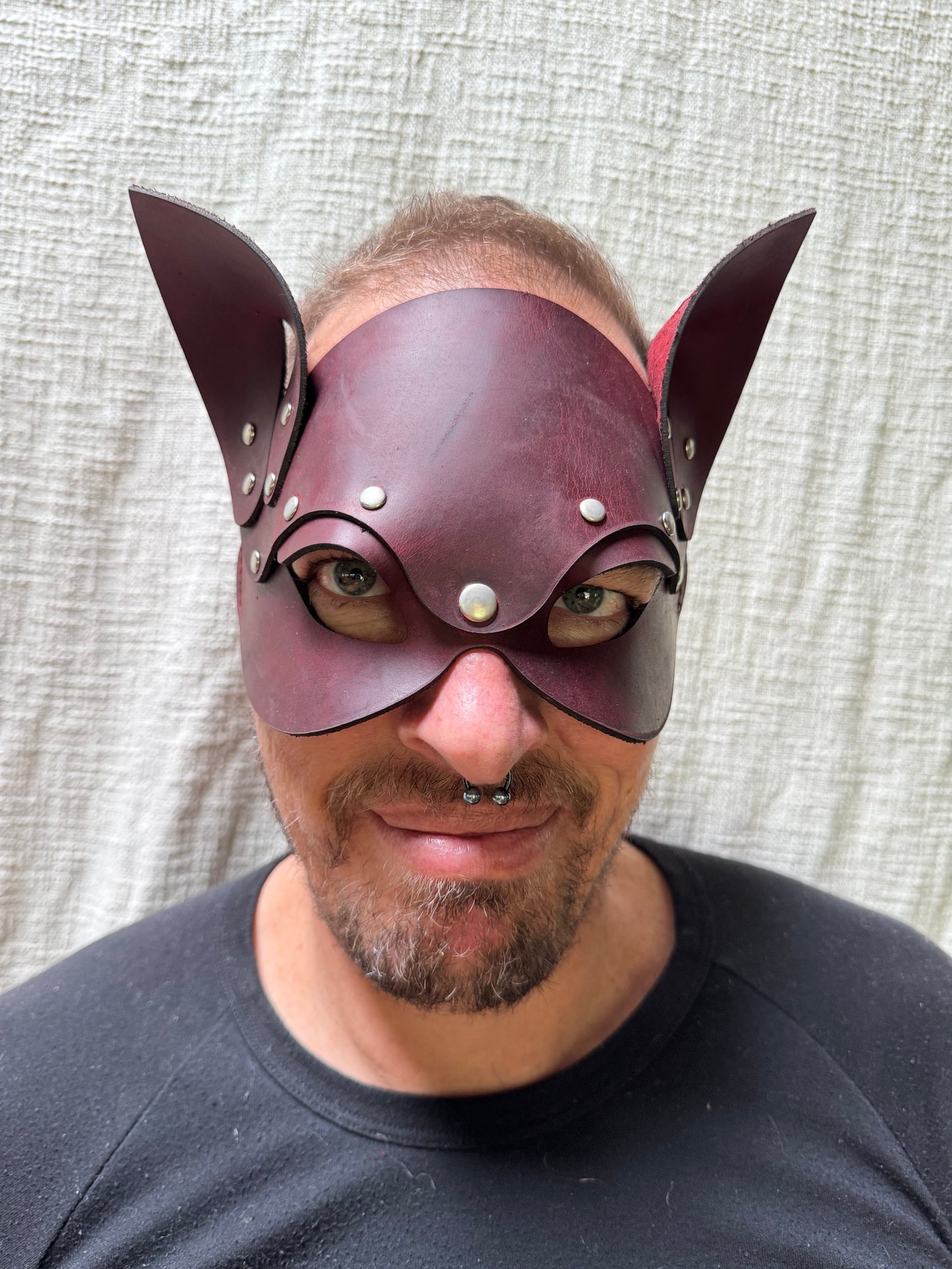 Leather Cat Mask, Red Crazy Horse Leather, handmade in Australia by The Shibari Sir