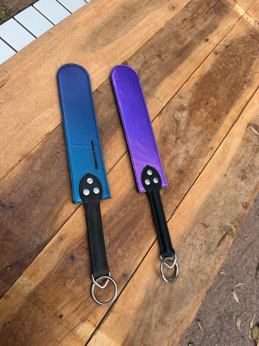 Brown and purple leather flapper paddle, handmade in Australia