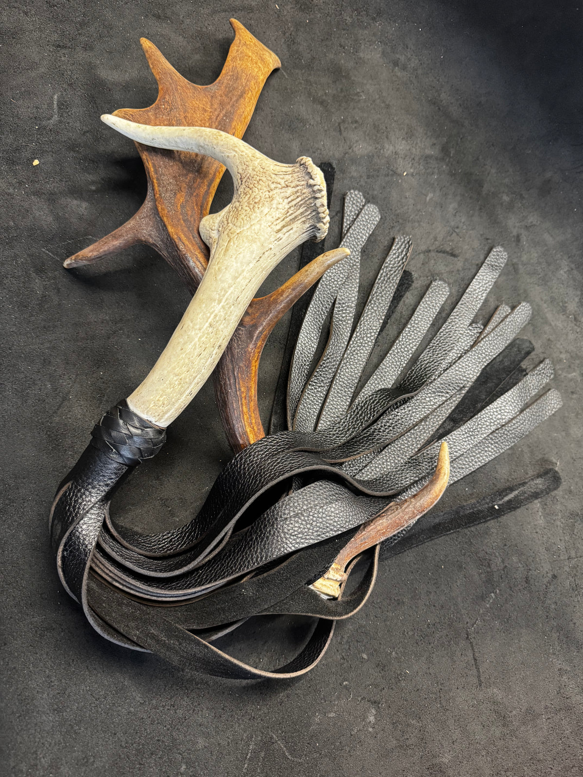Kudu Leather Flogger with Caribou Antler Handle, handmade in Australia by The Shibari Sir