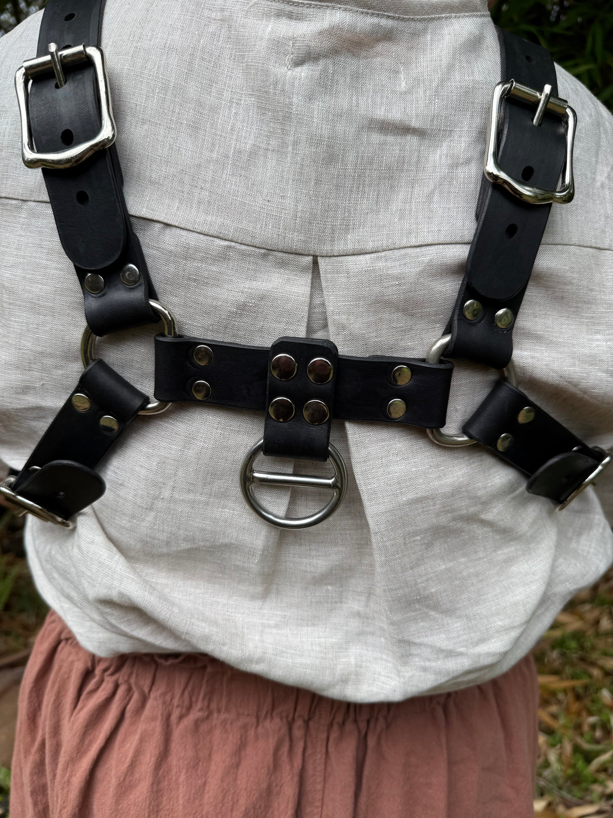 Leather bulldog chest harness, black or tan welt, stainless steel hardware, photo 11 of 12