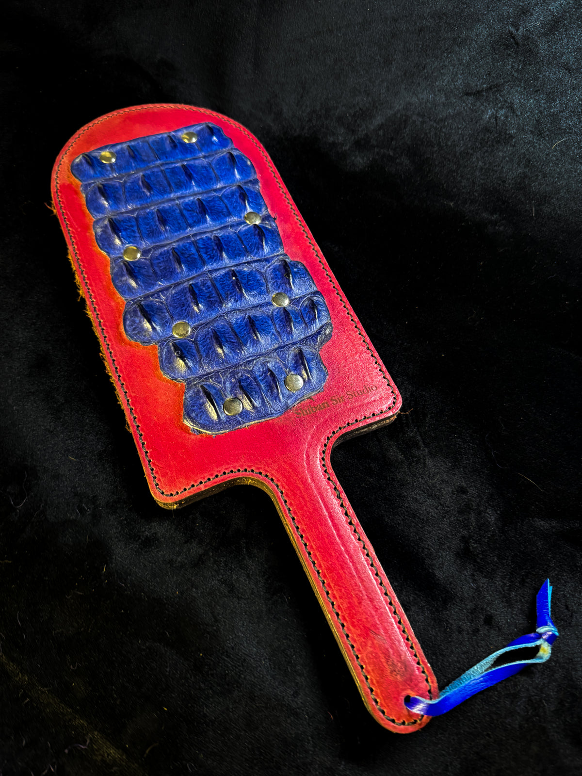 Pink Leather Paddle with Blue Crocodile Inlay, handmade in Australia by The Shibari Sir