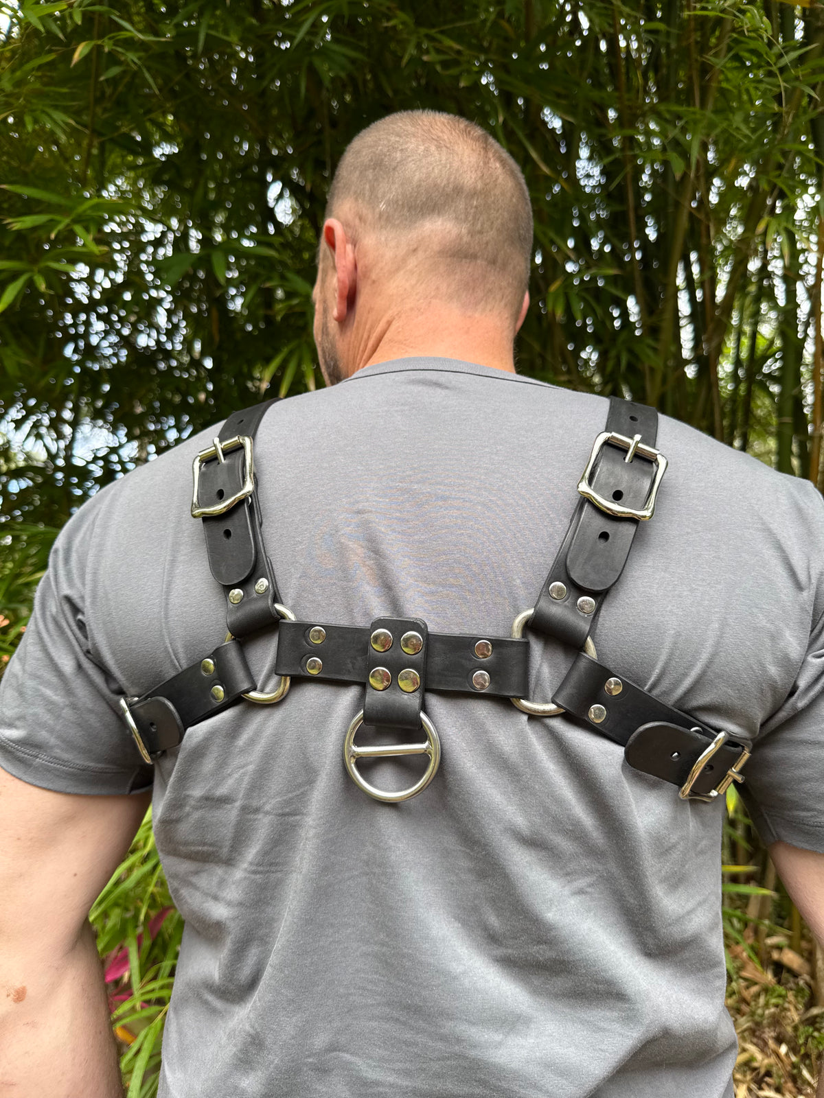 Leather bulldog chest harness, black or tan welt, stainless steel hardware, photo 4 of 12