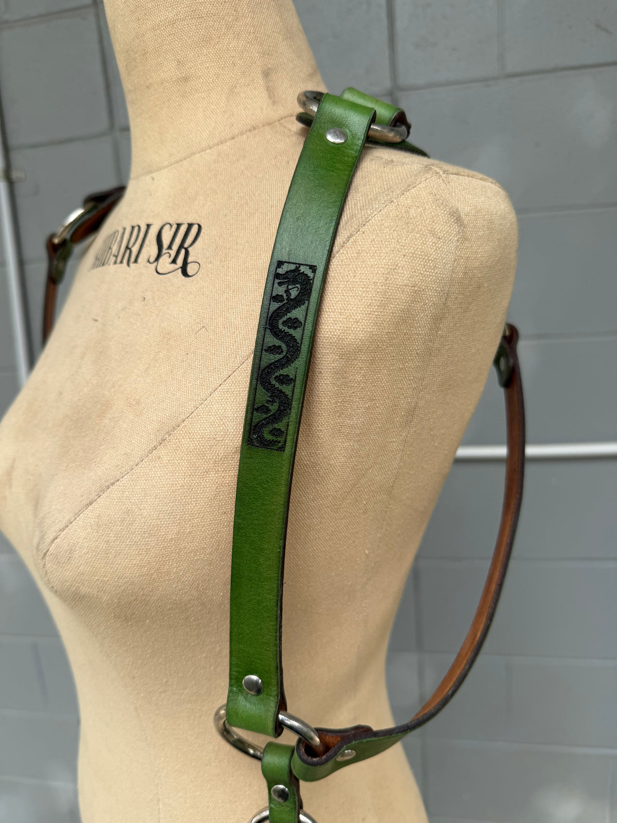 Hand-dyed green riggers harness