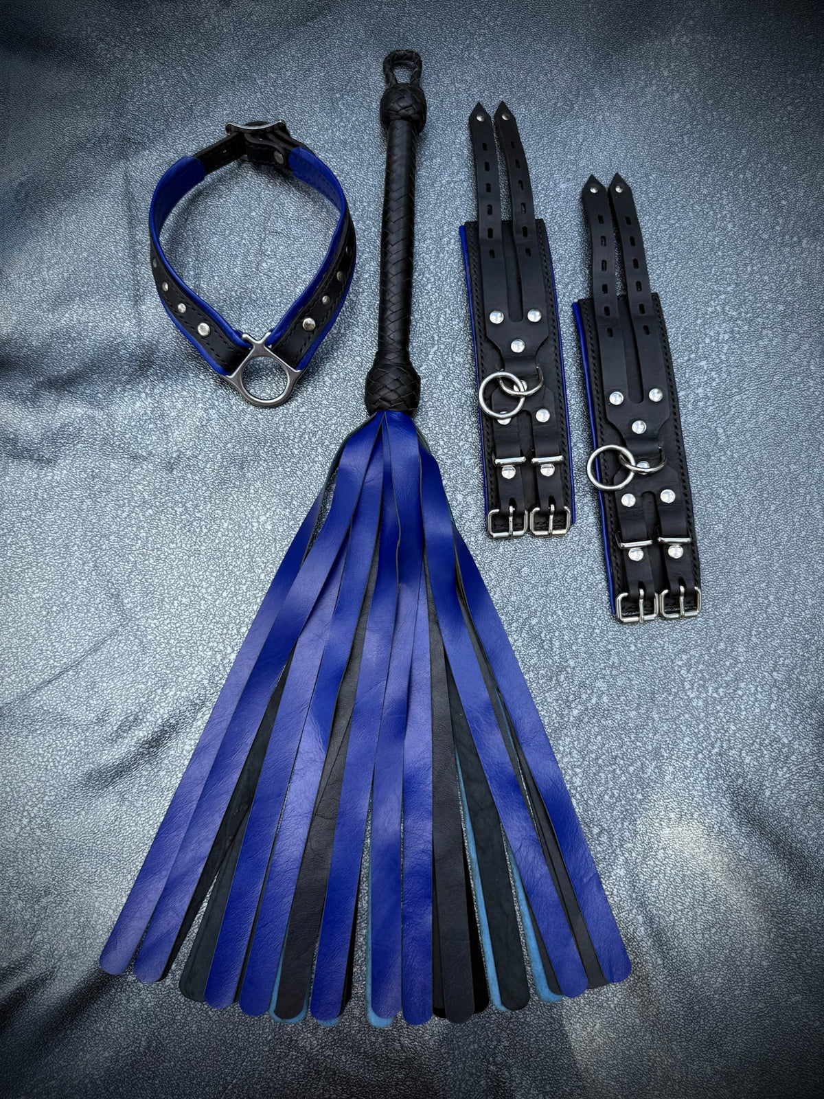 Kangaroo Leather Flogger, Blue, handmade in Australia by The Shibari Sir