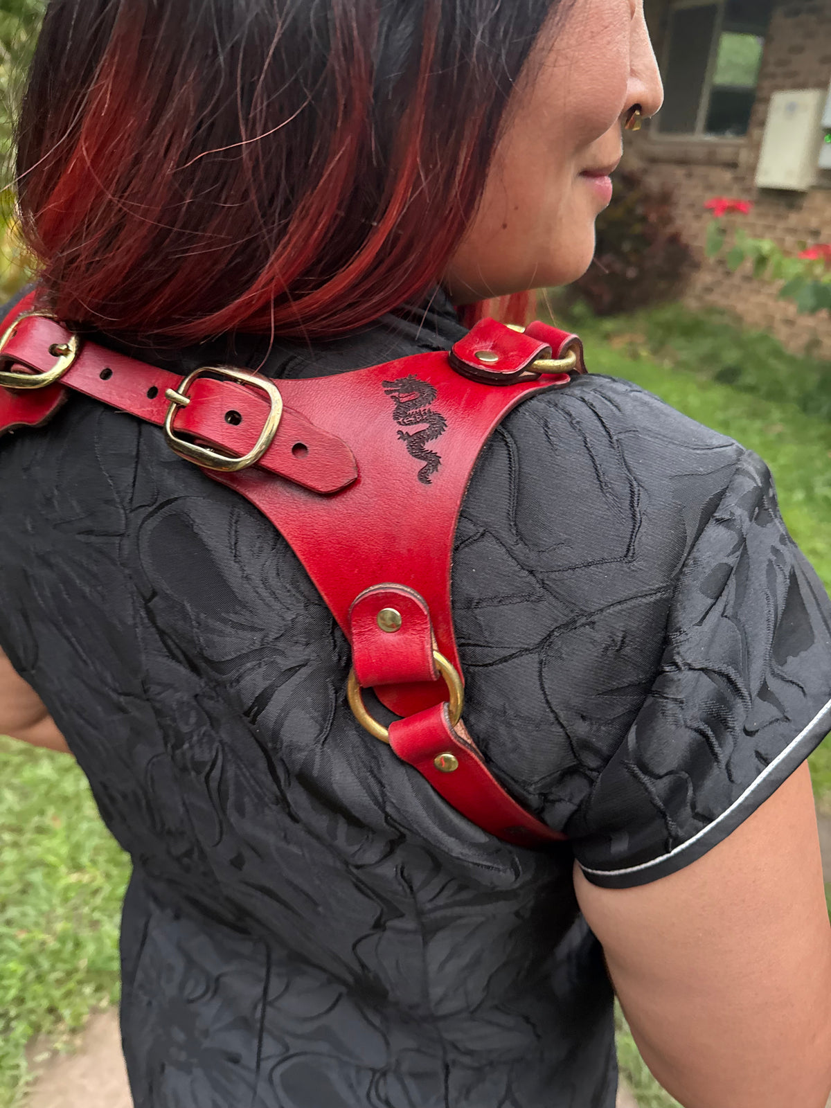 Hand-dyed red riggers harness