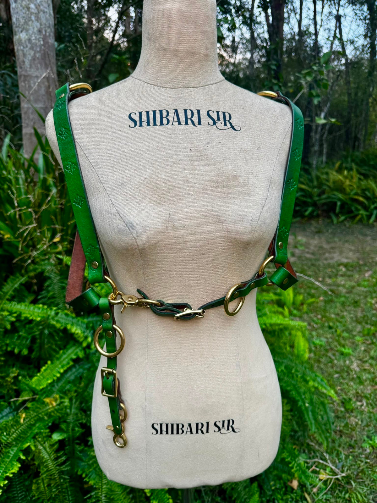 Hand-dyed green riggers harness with brass hardware