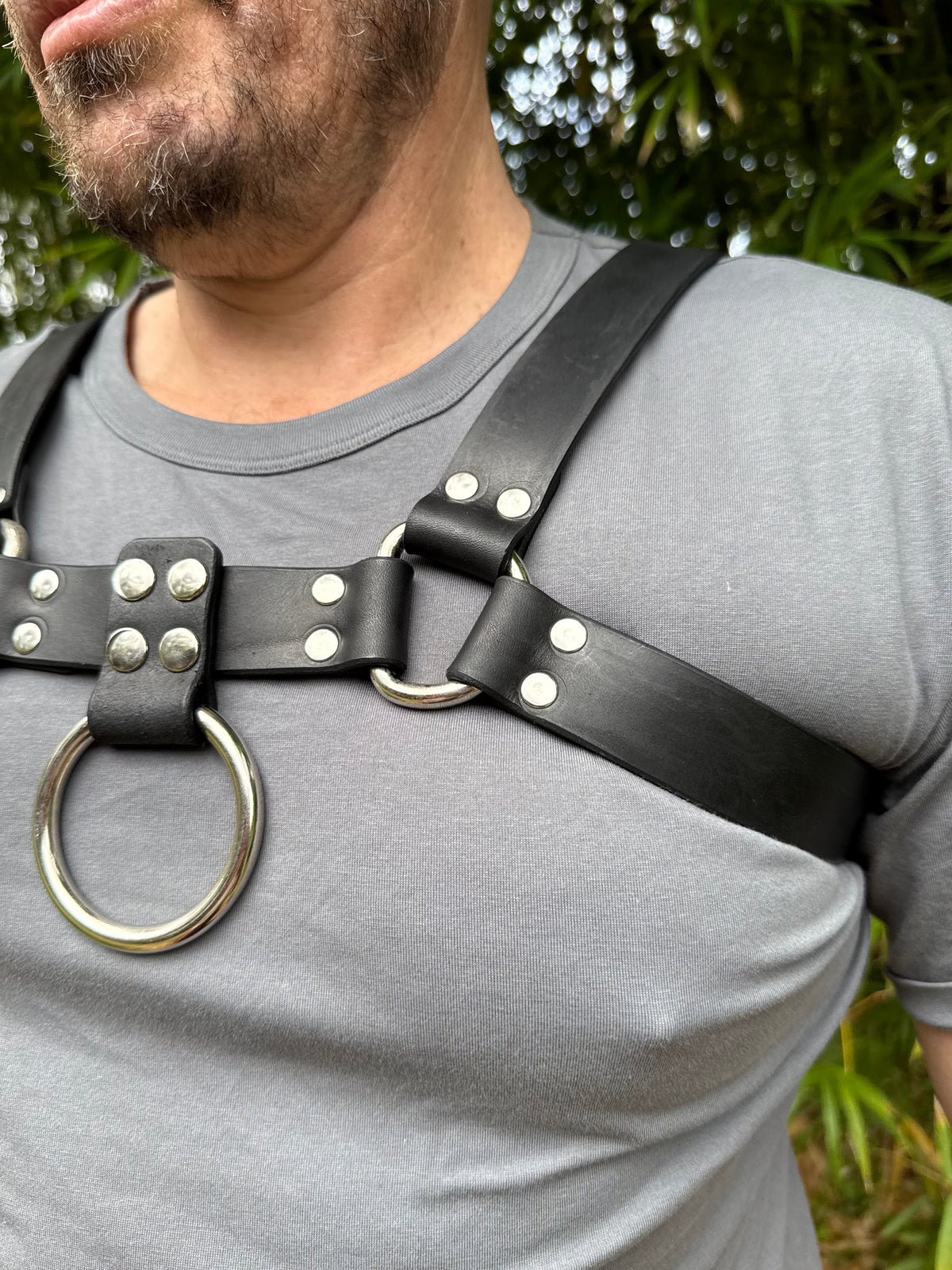Leather bulldog chest harness, black or tan welt, stainless steel hardware, photo 3 of 12