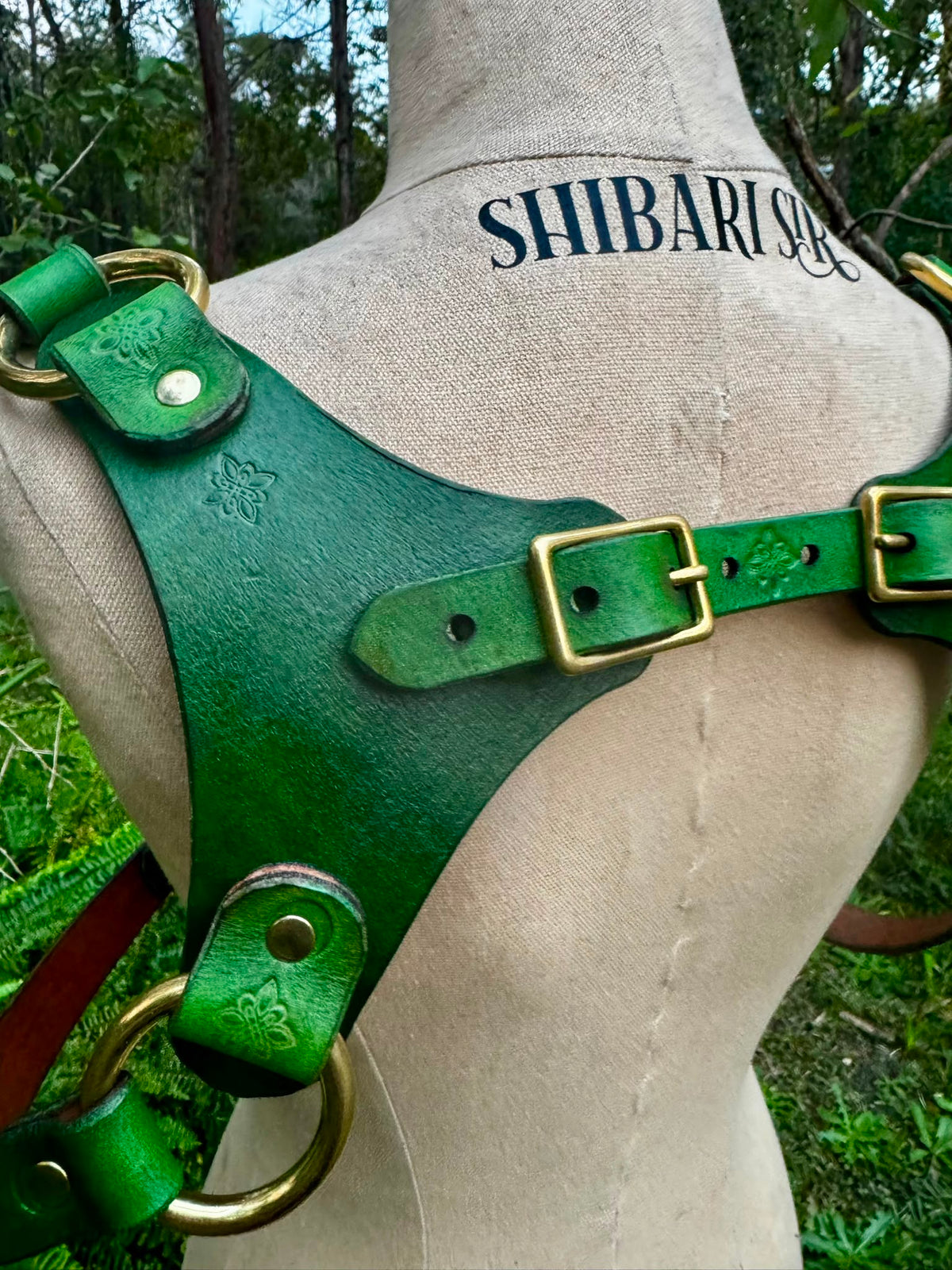 Hand-dyed green riggers harness with brass hardware