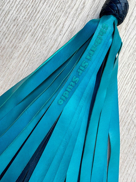 Kangaroo Leather Flogger, Teal, handmade in Australia by The Shibari Sir