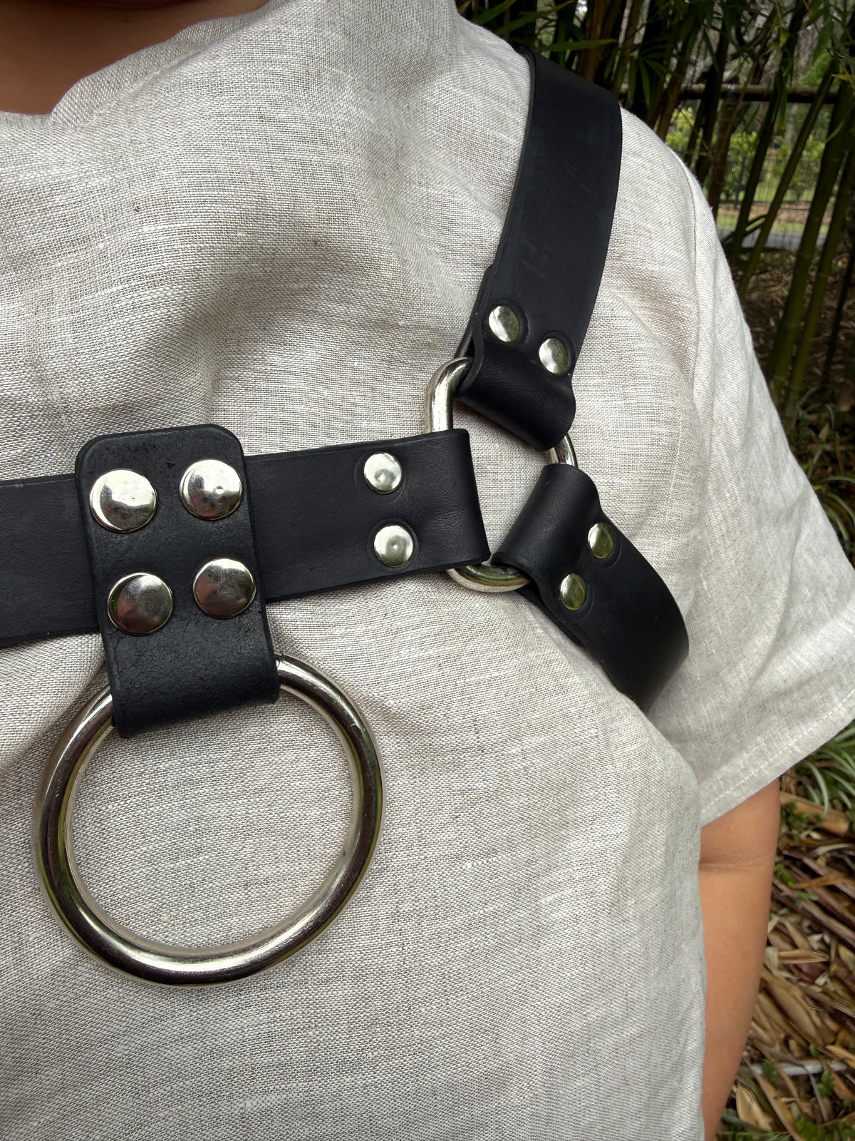 Leather bulldog chest harness, black or tan welt, stainless steel hardware, photo 9 of 12
