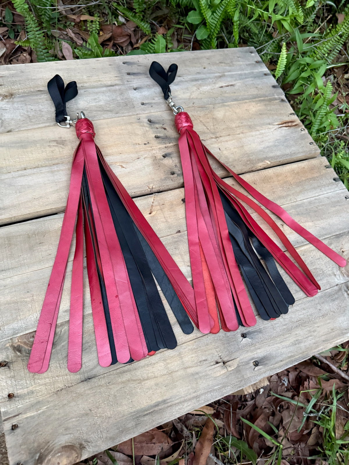 Florentine Floggers, Black and Metallic Red (Pair), handmade in Australia by The Shibari Sir