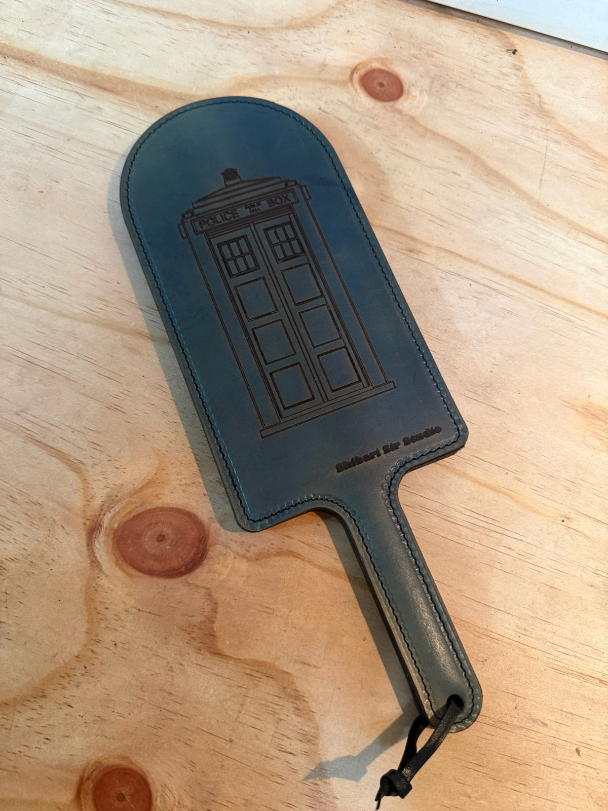 Blue Leather Paddle with Metallic Backing, handmade in Australia by The Shibari Sir