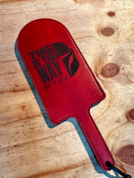 Red Leather Paddle with Metallic Backing, handmade in Australia by The Shibari Sir
