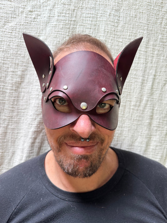Leather Cat Mask, Red Crazy Horse Leather, handmade in Australia by The Shibari Sir