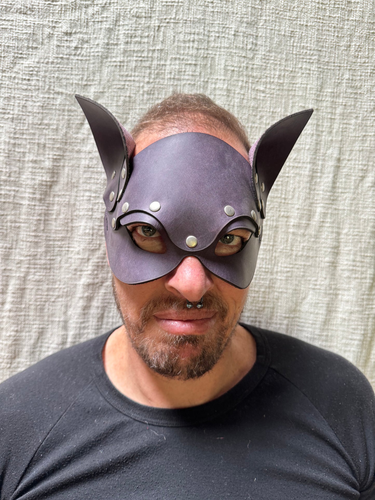 Leather Cat Mask, Purple Crazy Horse Leather, handmade in Australia by The Shibari Sir