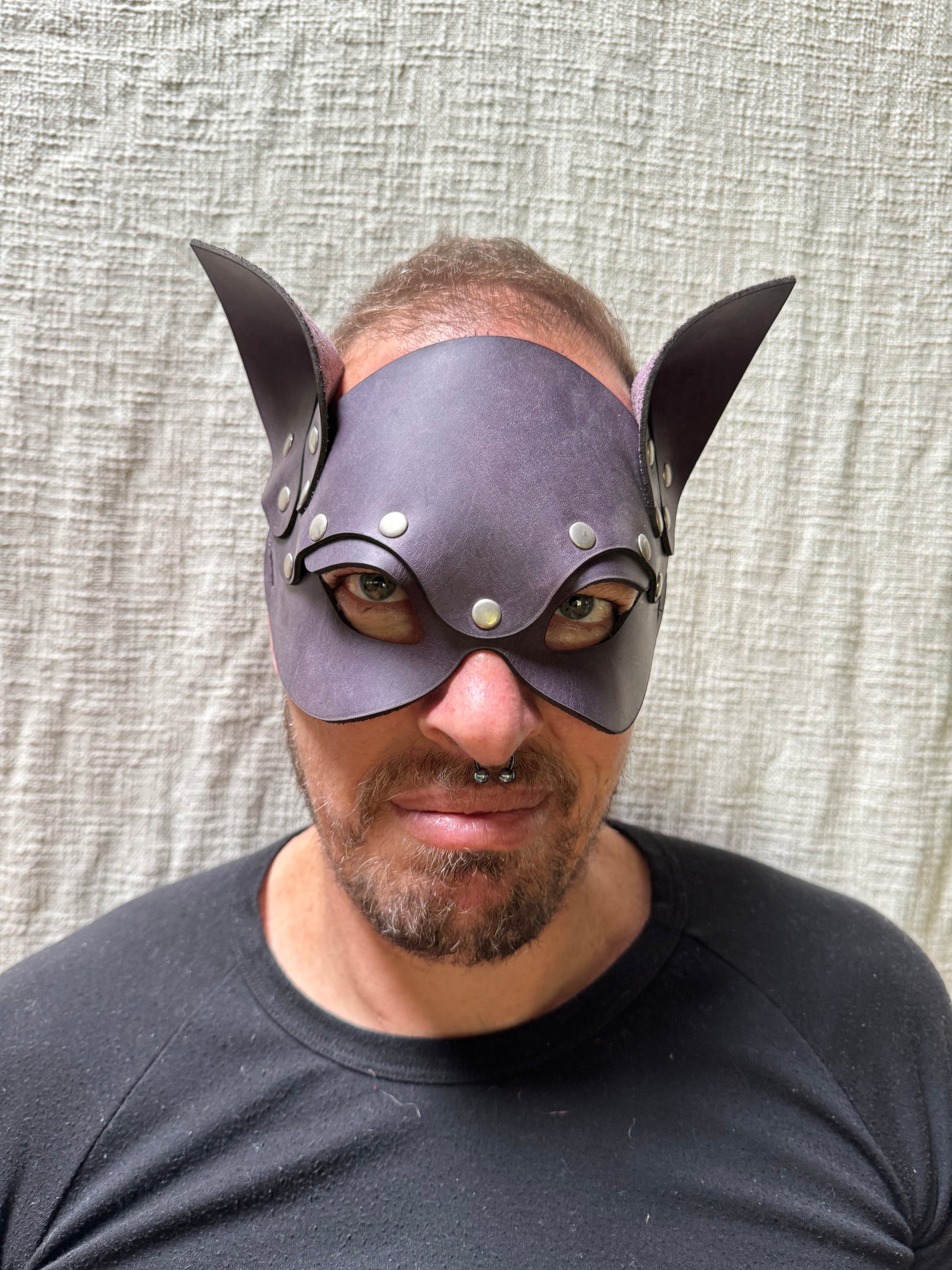 Leather Cat Mask, Purple Crazy Horse Leather, handmade in Australia by The Shibari Sir