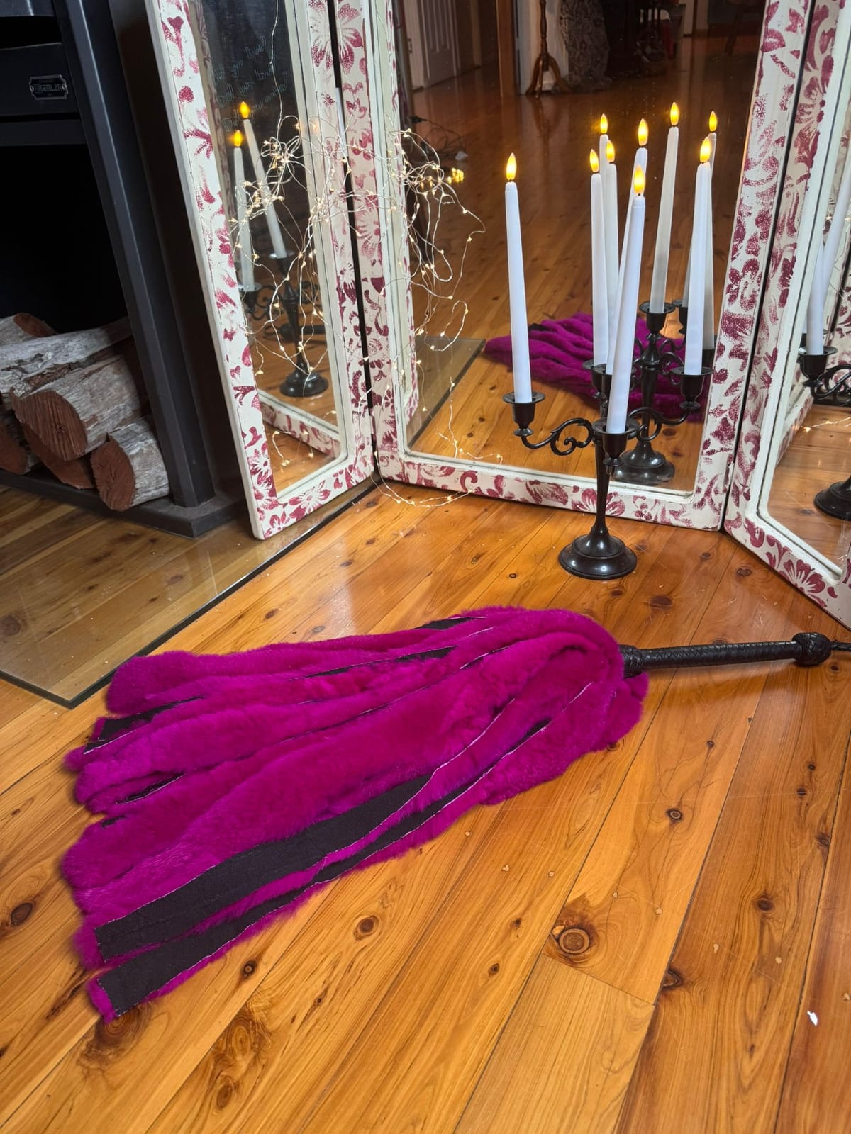 Pink Rabbit Fur Flogger with Plaited Kangaroo Handle, handmade in Australia by The Shibari Sir