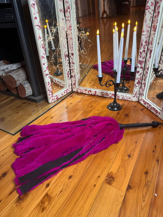 Pink Rabbit Fur Flogger with Plaited Kangaroo Handle, handmade in Australia by The Shibari Sir