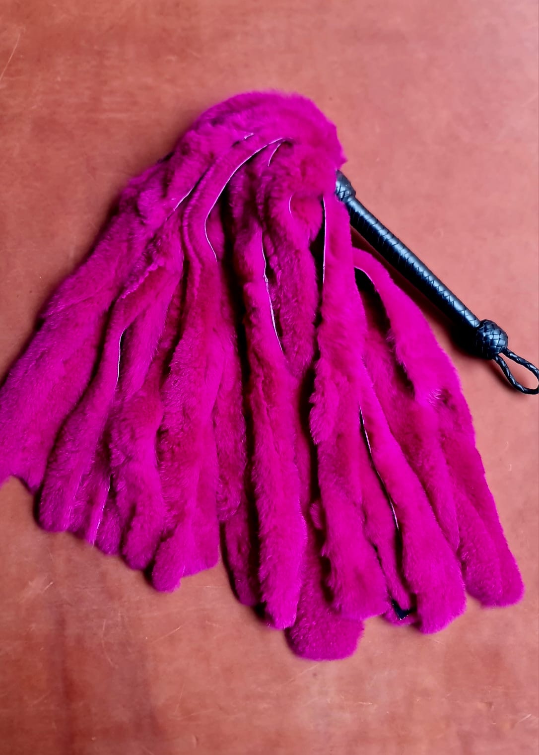 Pink Rabbit Fur Flogger with Plaited Kangaroo Handle, photo 3 of 3