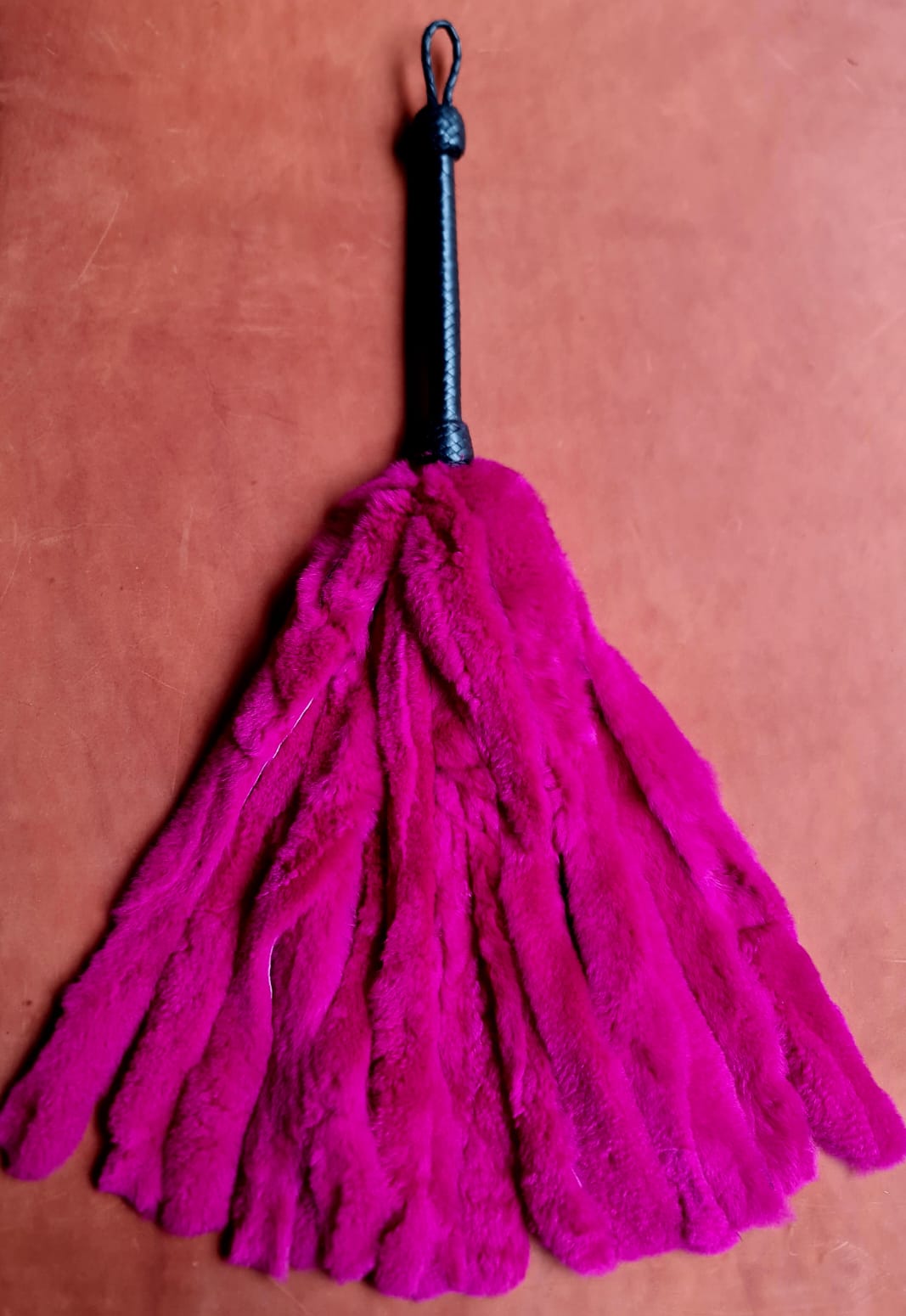 Pink Rabbit Fur Flogger with Plaited Kangaroo Handle, photo 2 of 3